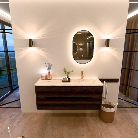 Mondiaz CIRO-DLUX Ensemble de meubles de salle de bains - 130x45x50cm - Vasque en solid surface Nata - 1 bassin à droite - 1 trou de robinet - 4 tiroirs - Noyer SW1530570
