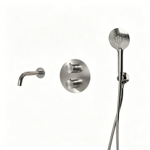 Fortifura Calvi Badkraan set - uitloop - 22cm inkortbaar - rond bedieningspaneel - gladde slang - ronde handdouche - inbouwdeel - wandhouder - PVD - geborsteld RVS SW1408669