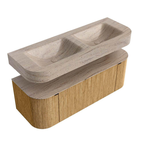 MONDIAZ THOR-DLUX Meuble de salle de bains - 130cm - arrondi gauche + droite - couleur Oak - 1 tiroir et 2 portes - Vasque suspendue CLOUD Double sans trou de robinet - couleur Saba SW1464042
