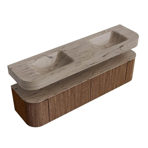 MONDIAZ THOR-DLUX 180cm badmeubel ronding links + rechts kleur Walnut met 2 lades en 2 deuren. Vrijhangende wastafel CLOUD Dubbel zonder kraangat kleur Arena. SW1466116
