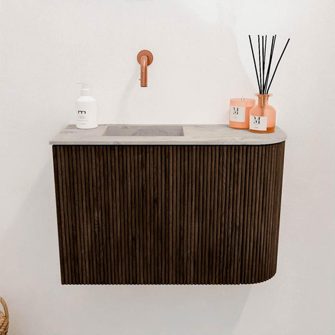 Mondiaz JOYA-DLUX 61.6cm toiletmeubel - ronding rechts kleur Walnut - Wastafel FAYE positie Links Zonder kraangat kleur Glace. SW1422654