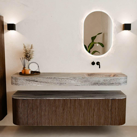 MONDIAZ THOR-DLUX 170cm badmeubel ronding links + rechts kleur Walnut met 1 lade en 2 deuren. Vrijhangende wastafel CLOUD Rechts zonder kraangat kleur Oza. SW1465682