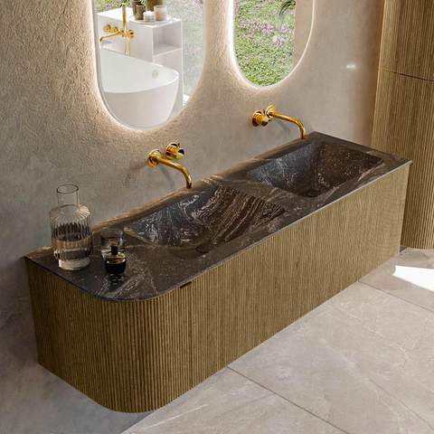 Mondiaz KURVE-DLUX Ensemble de meuble de salle de bains - 145x46x40cm - 1 tiroir - 1 porte - vasque solid surface - double / droite - sans trou de robinet - Dusk SW1415547