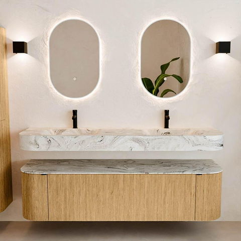 MONDIAZ THOR-DLUX 170cm meuble de salle de bains arrondi gauche + droite couleur Chêne avec 1 tiroir et 2 portes. Vasque suspendue CLOUD Double 2 trous de robinet couleur Glace. SW1465416