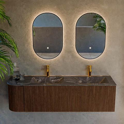 MONDIAZ KURVE-DLUX Meuble de salle de bains 155 cm avec module 25 L couleur Walnut avec 2 tiroirs et 1 porte. Lavabo LEAF double / à droite 2 trous de robinet couleur Lava. SW1137280