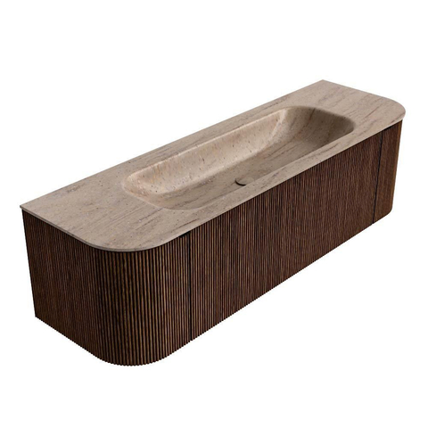 MONDIAZ KURVE-DLUX Meuble de salle de bains 150cm arrondi à gauche + à droite couleur Walnut avec 1 tiroir et 2 portes. Lavabo BIG MEDIUM Central 1 trou de robinet Saba. SW1433172