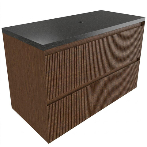Saniclass Holz Atelier Ensemble meuble de salle de bains - 100x45x63cm - plan vasque en basalte Noche poli (noir) - sans trou de robinetterie - 2 tiroirs - walnut pure mat (bois) SW1478552