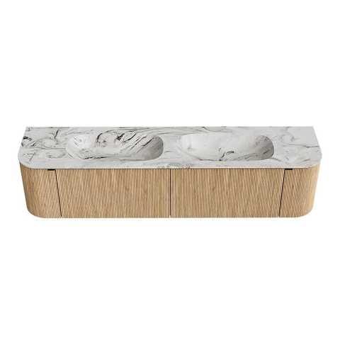 MONDIAZ KURVE-DLUX meuble de salle de bains 190 cm avec module 25 Len R couleur Chêne avec 2 tiroirs et 2 portes. Lavabo STOR SMALL double sans trou de robinetterie couleur Glace. SW1137967