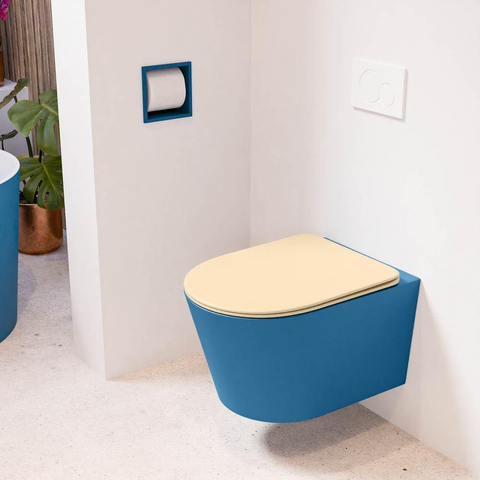 Mondiaz LAVIE hangtoilet – spoelrandloos – 36 x 53 cm – met softclose zitting – Jeans (blauw), zitting Sand (beige) SW1208771