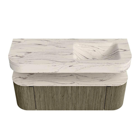 MONDIAZ THOR-DLUX 130cm meuble de salle de bains arrondi gauche + droite couleur Shadow avec 1 tiroir et 2 portes. Vasque suspendue CLOUD Droite 1 trou de robinet couleur Nata. SW1463912