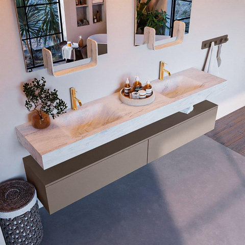 Mondiaz ALAN-DLUX Ensemble de meuble - 200cm - meuble Smoke mat - 2 tiroirs - Lavabo Cloud Opalo suspendu - vasque Gauche et droite - 2 trous de robinet SW806779