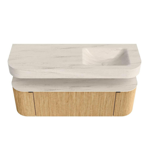 MONDIAZ THOR-DLUX 140cm badmeubel ronding links + rechts kleur Oak met 1 lade en 2 deuren. Vrijhangende wastafel CLOUD Rechts zonder kraangat kleur Meli. SW1464385