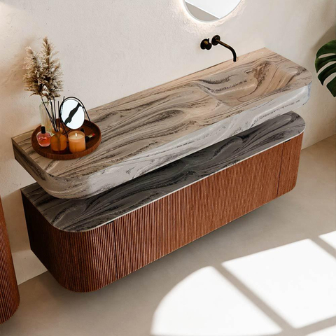 MONDIAZ THOR-DLUX 160cm meuble de salle de bains arrondi gauche + droite couleur Ruby avec 1 tiroir et 2 portes. Vasque suspendue CLOUD droite sans trou de robinet couleur Sombra. SW1465389