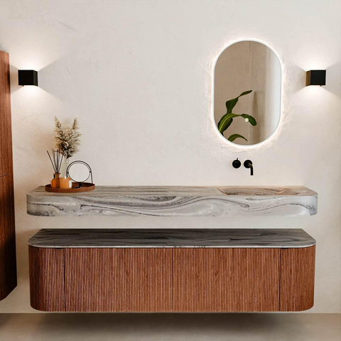 MONDIAZ THOR-DLUX Meuble de salle de bains - 180cm - arrondi gauche + droite - couleur Ruby - 2 tiroirs - 2 portes - Vasque suspendue CLOUD droite sans trou de robinet - couleur Sombra SW1466342