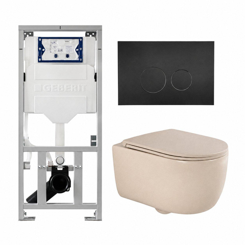 QeramiQ Dely Swirl Toiletset - 36.3x51.7cm - Geberit UP320 inbouwreservoir - met Burda frame - slim zitting - mat zwarte metalen bedieningsplaat - ronde knoppen - mat beige SW1130224