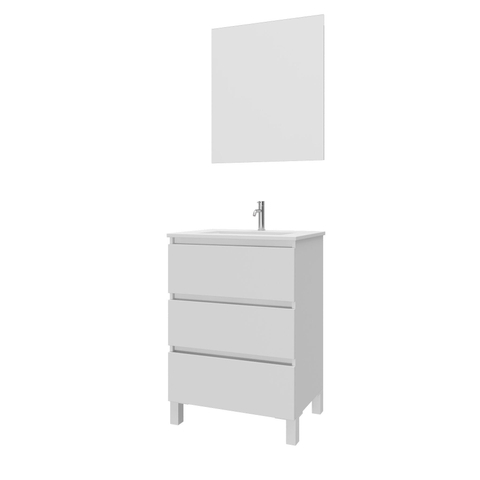 Saniclass Chaci PLUS Meuble de salle de bain - 60x86x46cm - lavabo en céramique blanc - 1 vasque - 1 trou de robinet - 3 tiroirs - miroir rectangulaire - blanc mat SW926034