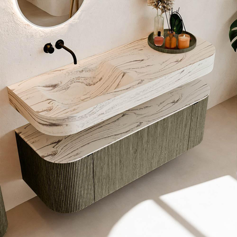 MONDIAZ THOR-DLUX 130cm meuble de salle de bains arrondi gauche + droite couleur Shadow avec 1 tiroir et 2 portes. Vasque suspendue CLOUD Gauche sans trou de robinet couleur Nata. SW1463862