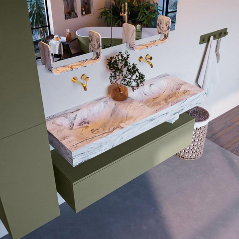 Mondiaz ALAN-DLUX Ensemble de meuble - 130cm - meuble Army mat - 1 tiroir - Lavabo Cloud Glace suspendu - vasque Gauche et droite - 0 trous de robinet SW806041