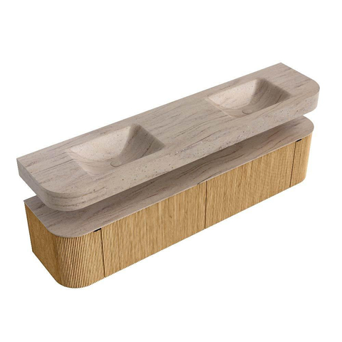 MONDIAZ THOR-DLUX Meuble de salle de bains - 200cm - arrondi gauche + droite - couleur Oak - 2 tiroirs et 2 portes - Vasque suspendue CLOUD Double 2 trous de robinet - couleur Saba SW1467216
