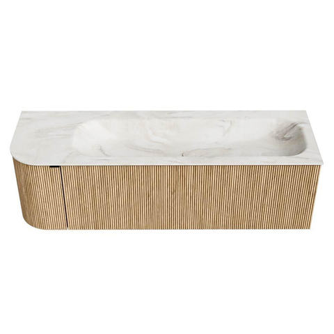 MONDIAZ KURVE-DLUX Meuble de salle de bains 145 cm avec module 25 L couleur Oak avec 1 tiroir et 1 porte. Lavabo BIG LARGE à droite sans trou de robinet couleur Ostra. SW1137789