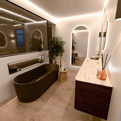 Mondiaz CIRO-DLUX Ensemble de meubles de salle de bains - 180x45x50cm - Vasque solid surface Nata - 1 lavabo à gauche - sans trous de robinet - 4 tiroirs - Noyer SW1530626