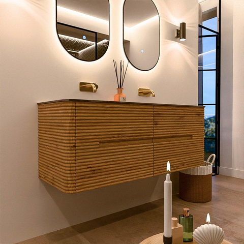 Mondiaz CIRO-DLUX Badkamermeubelset - 130x45x50cm - Solid surface wastafel Sombra - 2 wasbak Dubbel - zonder kraangaten - 4 lades - Oak SW1531235