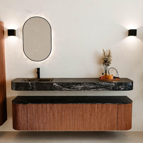 MONDIAZ THOR-DLUX 180cm meuble de salle de bains arrondi gauche + droite couleur Ruby avec 2 tiroirs et 2 portes. Vasque suspendue CLOUD Gauche 1 trou de robinet couleur Lava. SW1466063