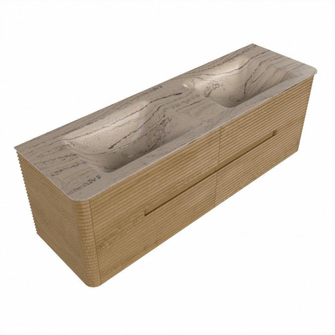 Mondiaz CIRO-DLUX Meuble de salle de bains - 150x45x50cm - Plan vasque solid surface Arena - 2 vasques Double - sans trous de robinetterie - 4 tiroirs - Chêne SW1531382