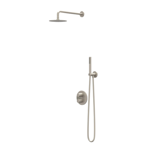 IVY Pact Ensemble de douche pluie - encastré - inverseur d'arrêt 2 voies - bras de plafond 30 cm - tête de douche principale ronde medium 30 cm - support avec sortie - flexible de douche 150 cm - douchette 3 jets - Nickel brossé PVD SW1035274