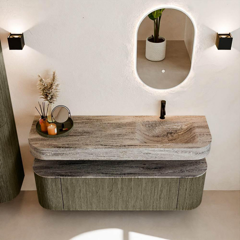 MONDIAZ THOR-DLUX 150cm meuble de salle de bains arrondi gauche + droite couleur Shadow avec 1 tiroir et 2 portes. Vasque suspendue CLOUD Droite 1 trou de robinet couleur Oza. SW1464681