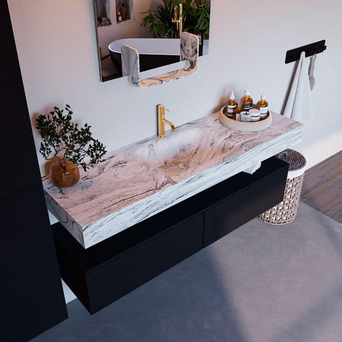 Mondiaz ALAN-DLUX Ensemble de meuble - 150cm - meuble Urban mat - 2 tiroirs - Lavabo Cloud Glace suspendu - vasque Centre - 1 trou de robinet SW805680