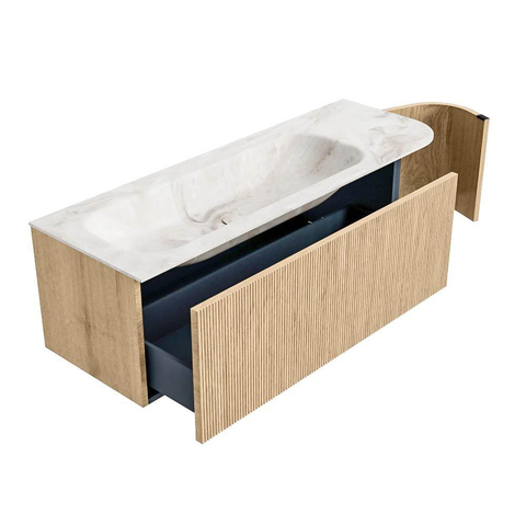MONDIAZ KURVE-DLUX meuble de salle de bains 135 cm avec module 25 R couleur Oak avec 1 tiroir et 1 porte. Lavabo BIG MEDIUM gauche 1 trou de robinet couleur Frappe. SW1137367