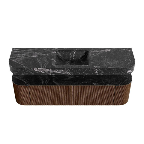 MONDIAZ THOR-DLUX 170cm meuble de salle de bains arrondi gauche + droite couleur Walnut avec 1 tiroir et 2 portes. Vasque suspendue CLOUD Milieu sans trou de robinet couleur Lava. SW1465579