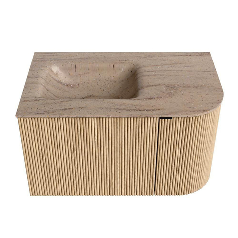 MONDIAZ KURVE-DLUX Meuble de salle de bains 75 cm arrondi à droite couleur Oak avec 1 tiroir et 1 porte. Lavabo GRUNNE à gauche 1 trou de robinet Saba. SW1433036