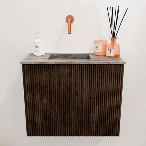 Mondiaz JOYA-DLUX 50cm toiletmeubel - kleur Walnut - Wastafel FAYE positie Links Zonder kraangat kleur Oza. SW1424553