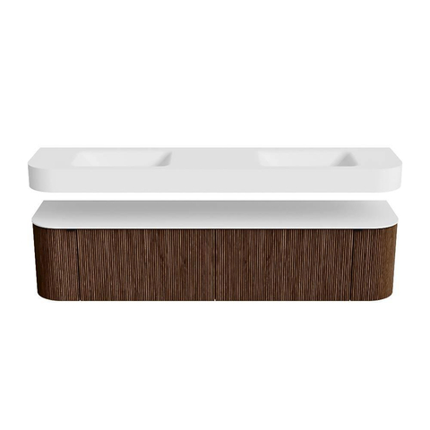 MONDIAZ THOR 190cm badmeubel ronding links + rechts kleur Walnut met 2 lades en 2 deuren. Vrijhangende wastafel CLOUD Dubbel zonder kraangat kleur Talc. SW1466411