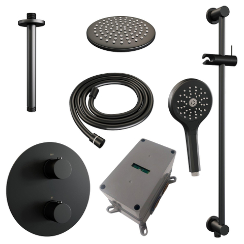 BRAUER Black Edition thermostatische Inbouw Regendouche - 3-weg - rond - set 95 - 20cm hoofddouche - plafondarm - 3-standen handdouche - doucheslang - geïntegreerde glijstang - mat zwart SW1159229