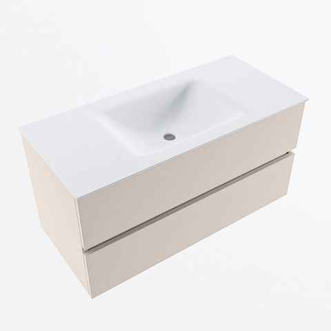 MONDIAZ VICA Badkamermeubelset - 100cm - onderkast linen- 2 lades - wastafel cloud midden - zonder kraangaten - 60cm hoge versie - talc OUTLETSTORE STORE44906