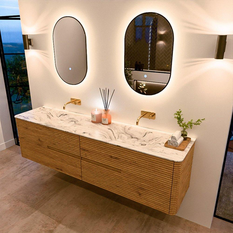 Mondiaz CIRO-DLUX Badkamermeubelset - 190x45x50cm - Solid surface wastafel Glace - 2 wasbak Dubbel - zonder kraangaten - 4 lades - Oak SW1531079