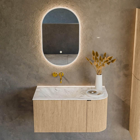 MONDIAZ KURVE-DLUX meuble de salle de bains 85cm avec module 25 R couleur chêne avec 1 tiroir et 1 porte. Vasque CLOUD gauche sans trou de robinetterie couleur Glace. SW1137920