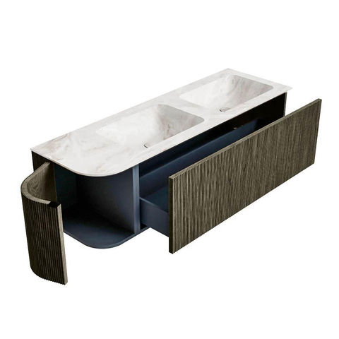Mondiaz KURVE-DLUX Ensemble de meuble de salle de bains - 145x46x40cm - 1 tiroir - 1 porte - vasque solid surface - double / droite - sans trou de robinet - Shadow SW1414372