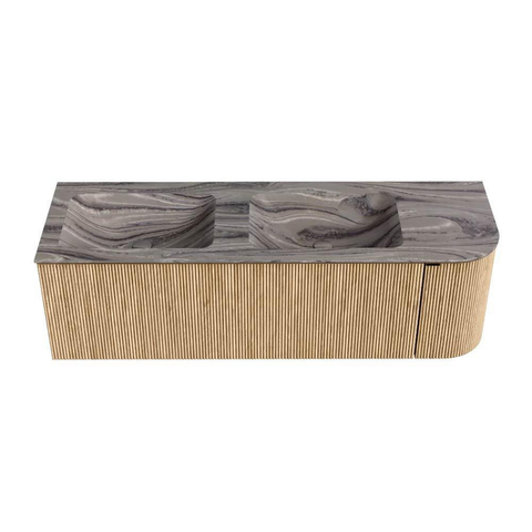 MONDIAZ KURVE-DLUX Meuble de salle de bains 145cm arrondi à droite couleur Chêne avec 1 tiroir et 1 porte. Lavabo LEAF Double / Gauche sans trou de robinet Sombra. SW1433589