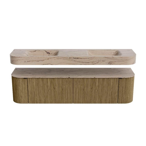 MONDIAZ THOR-DLUX 180cm meuble de salle de bains arrondi gauche + droite couleur Dusk avec 2 tiroirs et 2 portes. Vasque suspendue CLOUD Double 2 trous de robinet couleur Arena. SW1466135