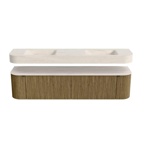 MONDIAZ THOR-DLUX Meuble de salle de bains 190cm arrondi gauche + droite couleur Dusk avec 2 tiroirs et 2 portes. Vasque suspendue CLOUD Double sans trou de robinet couleur Meli. SW1466725