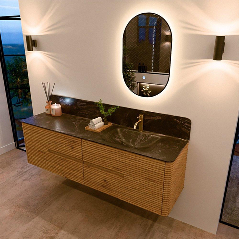 Mondiaz CIRO-DLUX Badkamermeubelset - 170x45x50cm - Solid surface wastafel Lava - 1 wasbak Rechts - 1 kraangat - 4 lades - Oak SW1530976