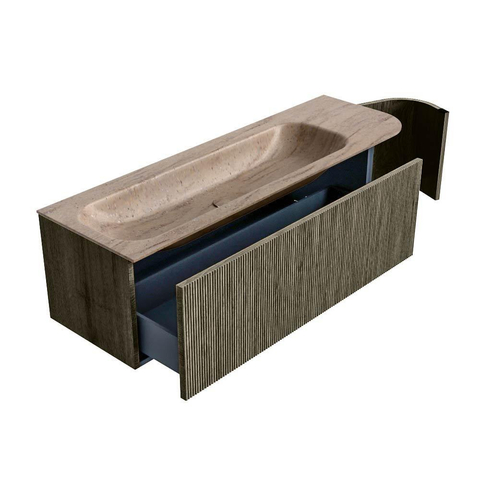 MONDIAZ KURVE-DLUX meuble de salle de bains 145cm arrondi à droite couleur Shadow avec 1 tiroir et 1 porte. Lavabo BIG LARGE à gauche 2 trous de robinet Saba. SW1433273