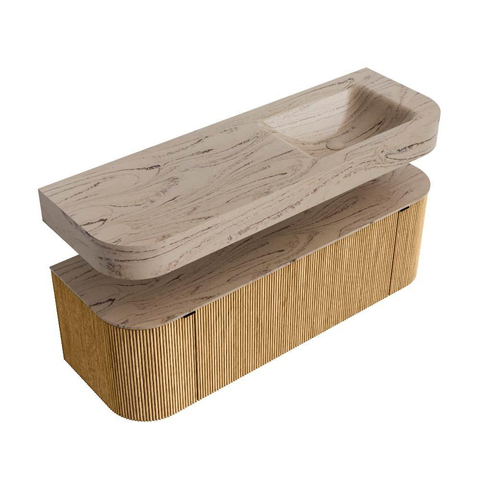 MONDIAZ THOR-DLUX 140cm badmeubel ronding links + rechts kleur Oak met 1 lade en 2 deuren. Vrijhangende wastafel CLOUD Rechts 1 kraangat kleur Arena. SW1464492