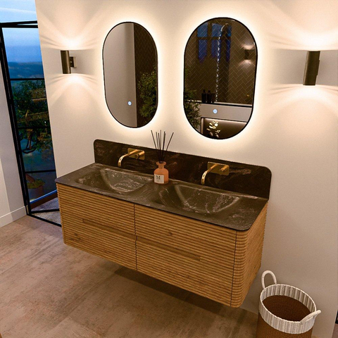 Mondiaz CIRO-DLUX Badkamermeubelset - 140x45x50cm - Solid surface wastafel Lava - 2 wasbak Dubbel - zonder kraangaten - 4 lades - Oak SW1531095