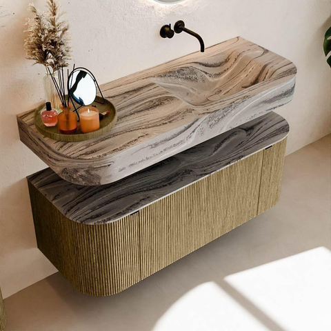 MONDIAZ THOR-DLUX 120cm meuble de salle de bains arrondi gauche + droite couleur Dusk avec 1 tiroir et 2 portes. Vasque suspendue CLOUD Droite sans trou de robinet couleur Sombra. SW1463704