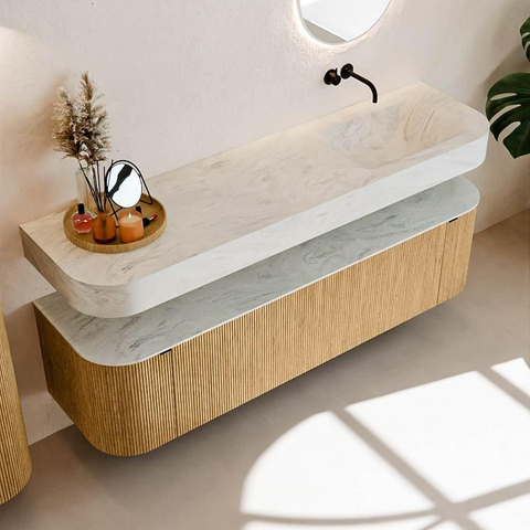 MONDIAZ THOR-DLUX 170cm badmeubel ronding links + rechts kleur Oak met 1 lade en 2 deuren. Vrijhangende wastafel CLOUD Rechts zonder kraangat kleur Opalo. SW1465452